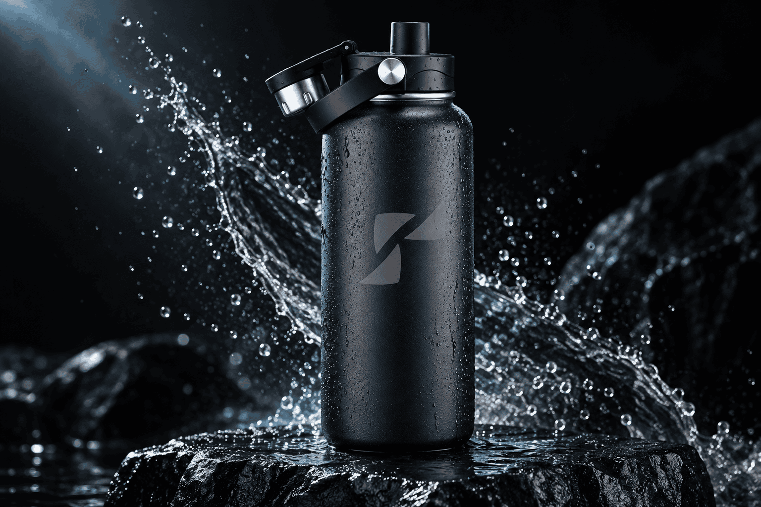 Black insulated bottle with the Triad logo, photographed with a water splash