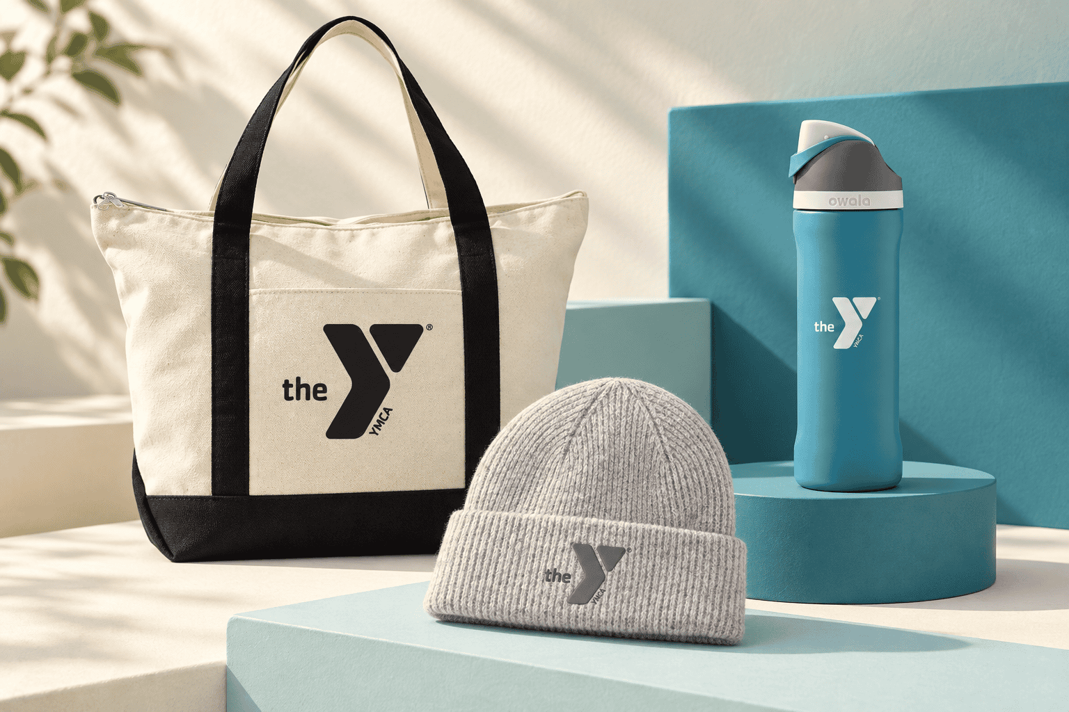 YMCA-branded canvas tote, knit beanie and water bottle
