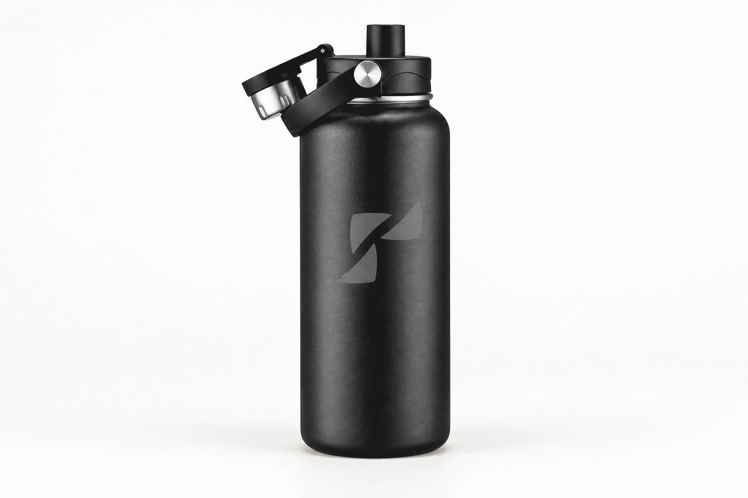 Close-up of a laser-engraved logo on a black insulated bottle