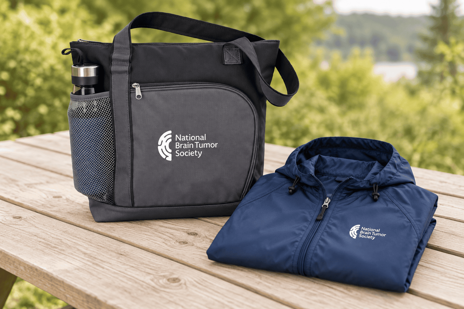 National Brain Tumor Society cooler tote and folded navy jacket on a picnic table