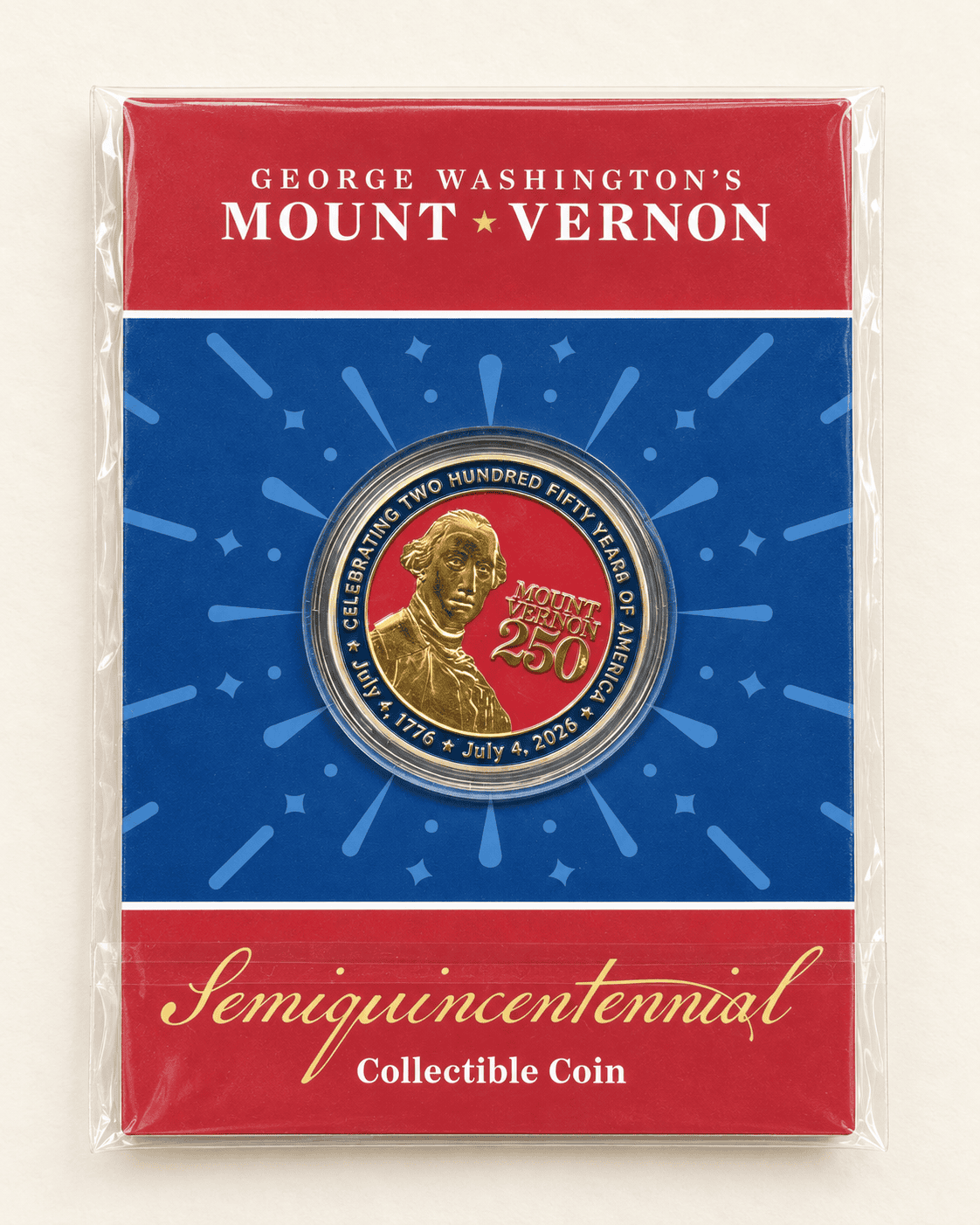 George Washington's Mount Vernon Semiquincentennial collectible coin in packaging