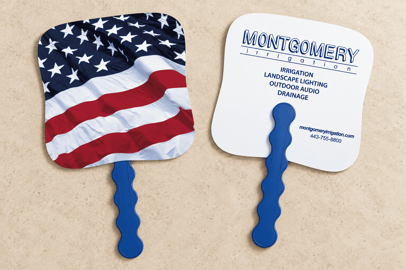 Printed hand fans: an American flag and a Montgomery Irrigation logo