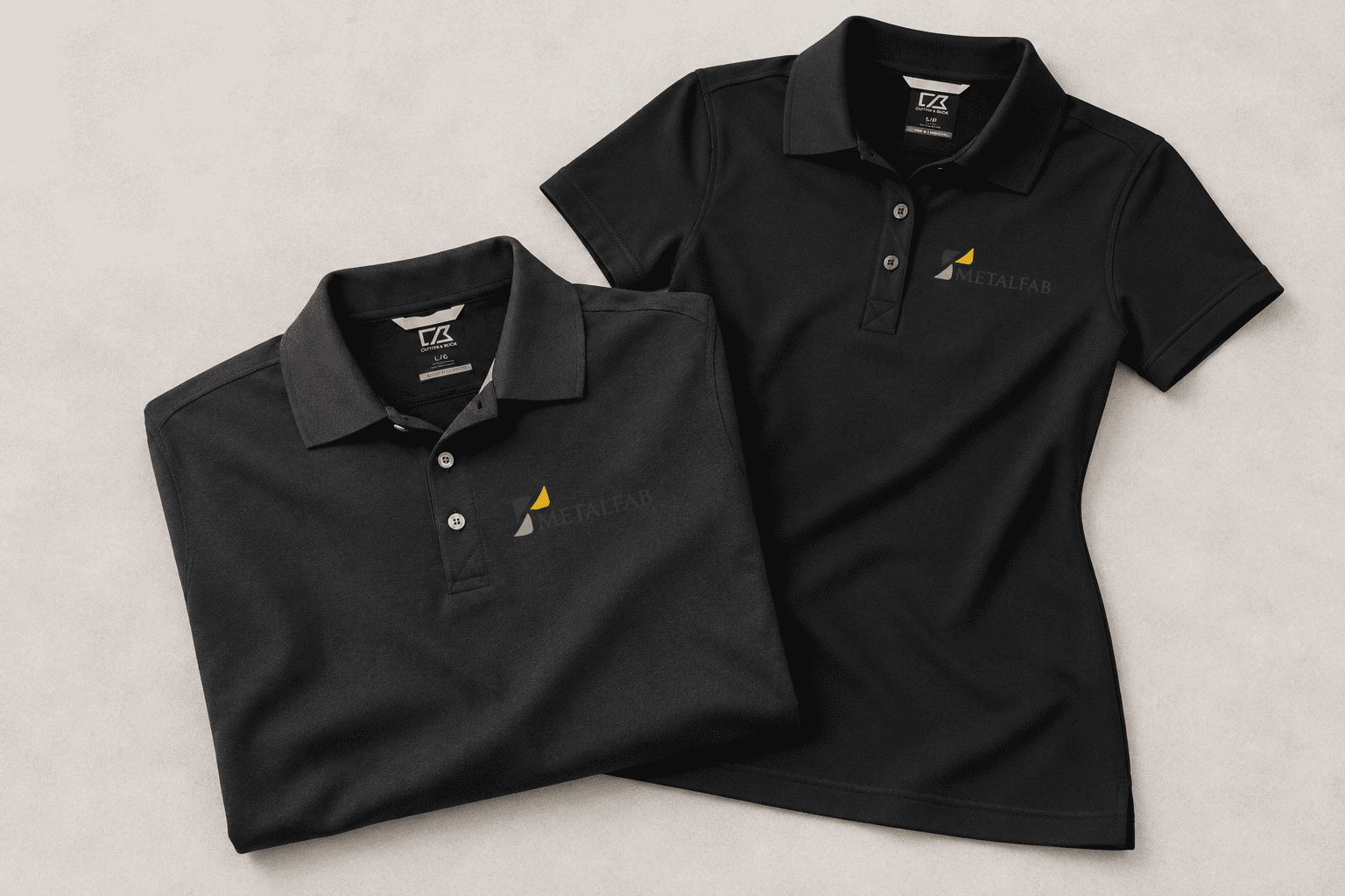 Black Metalfab embroidered polos, short and long sleeve