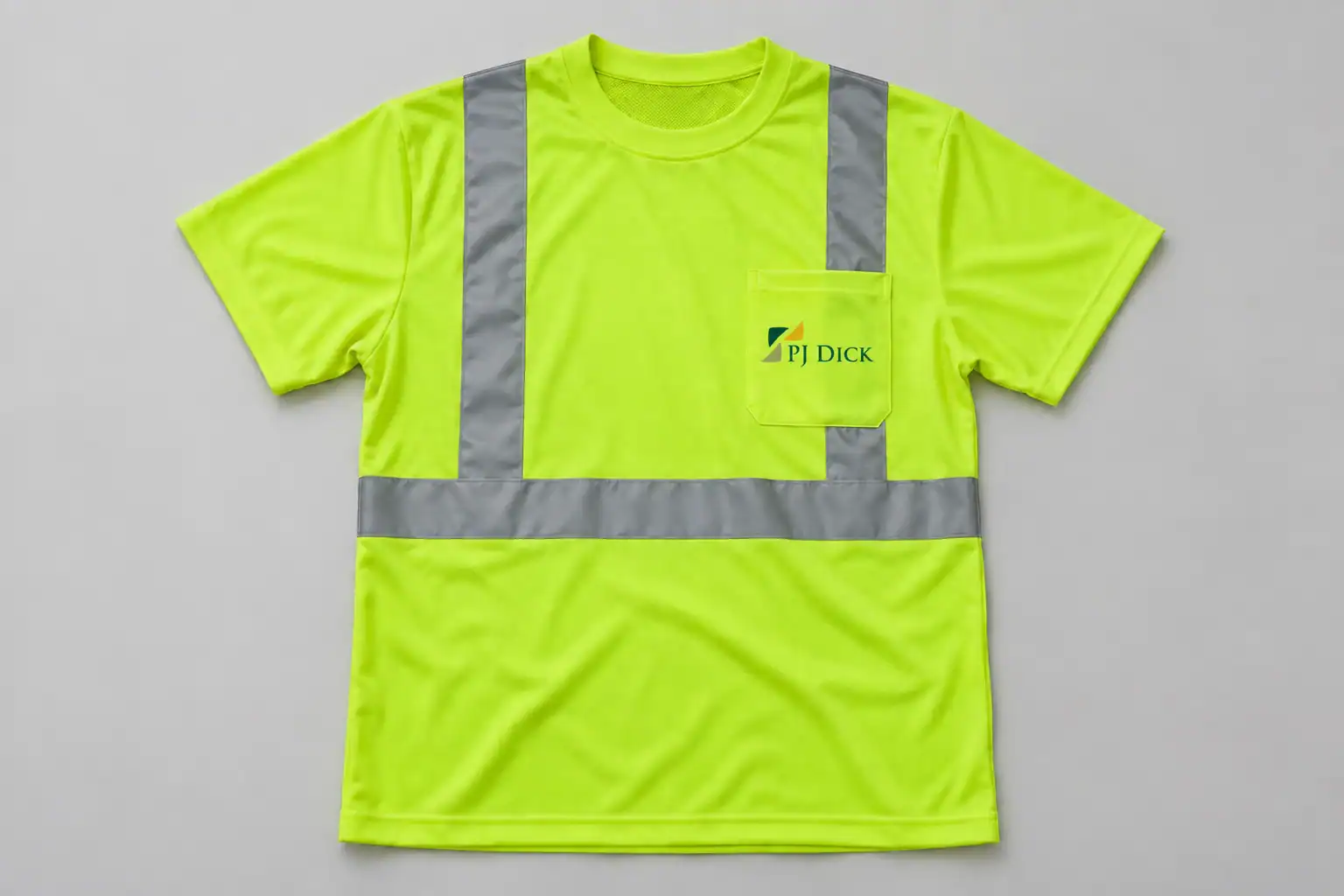 Hi-vis yellow safety T-shirt with reflective stripes and a printed pocket logo