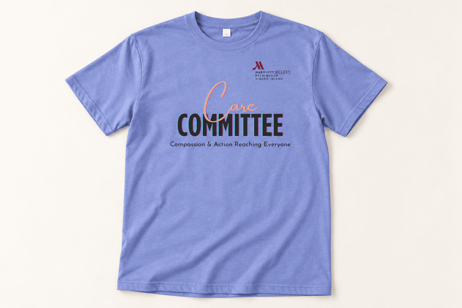 Periwinkle Care Committee T-shirt with a Marriott resort logo