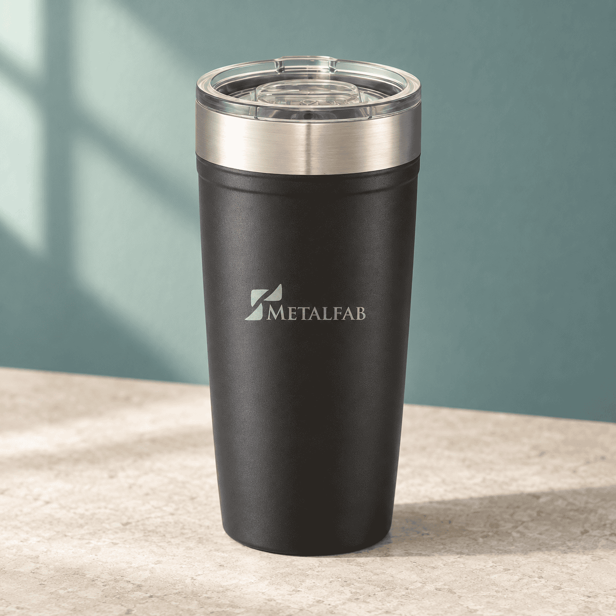 Laser-engraved black Metalfab tumbler