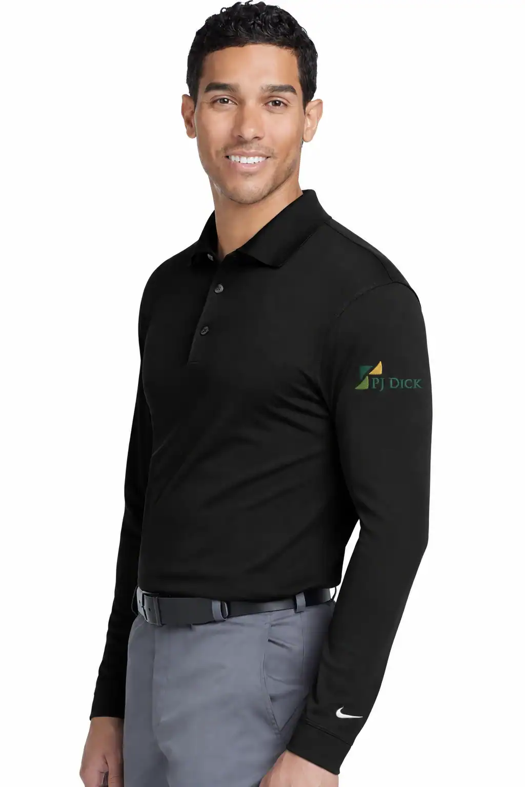 Model wearing a black long-sleeve polo with an embroidered PJ Dick logo on the sleeve