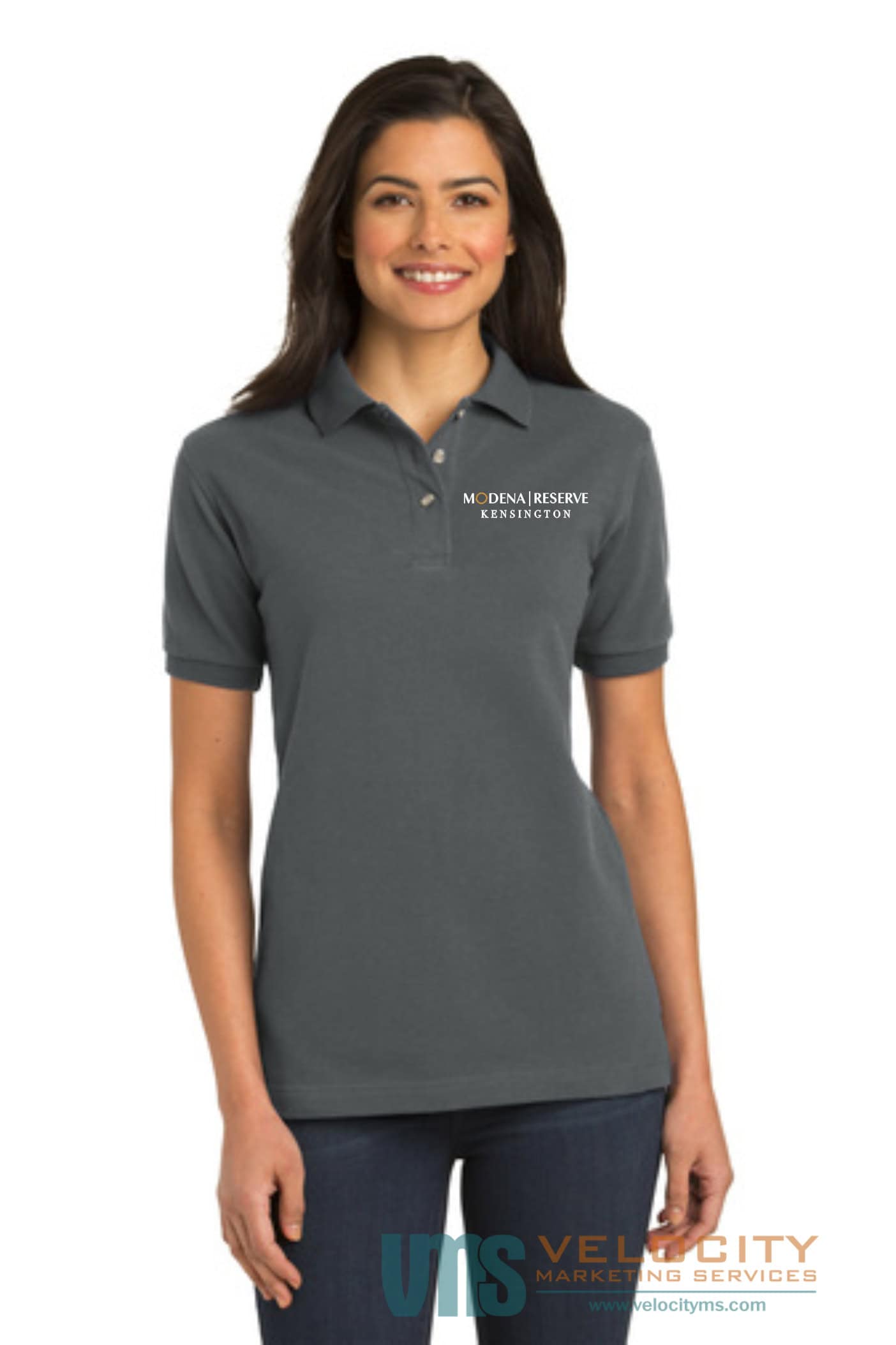 Staff member in a charcoal Modena Memory Care polo