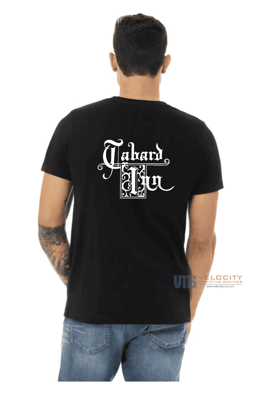 Server wearing a black Tabard Inn T-shirt, back print