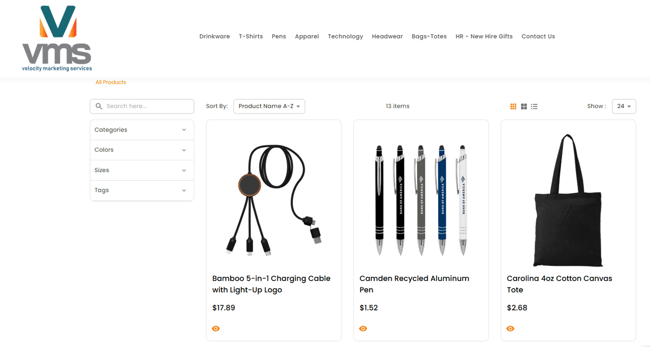 A category page in the VMS company store: charging cable, pens and tote with prices