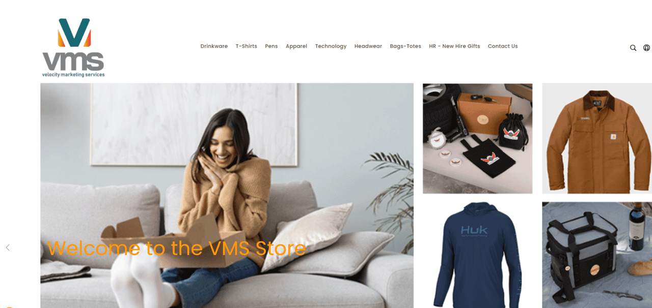 The VMS company store homepage: category menu and featured products