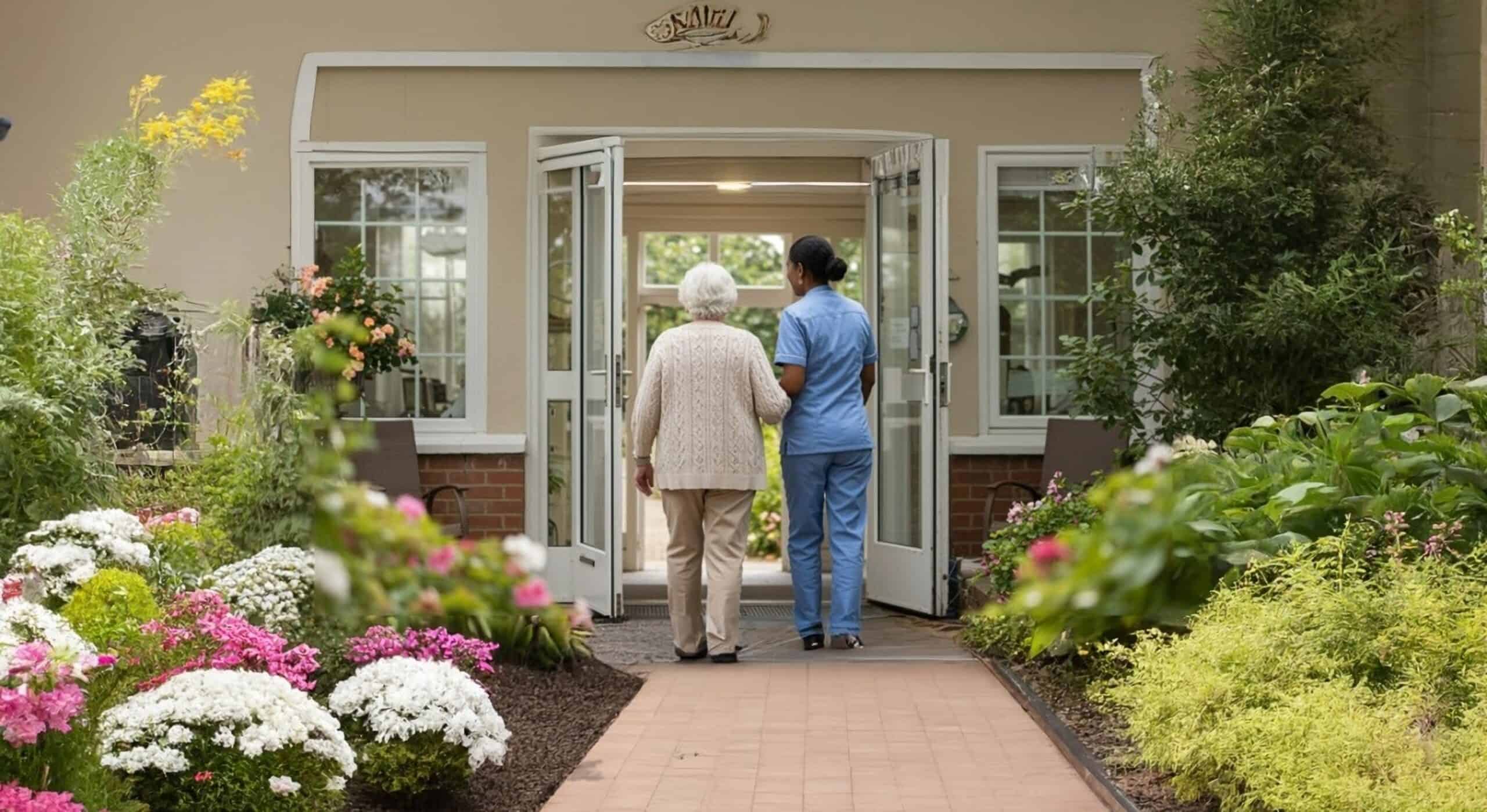 A caregiver walking a resident through the garden entrance of a senior living community